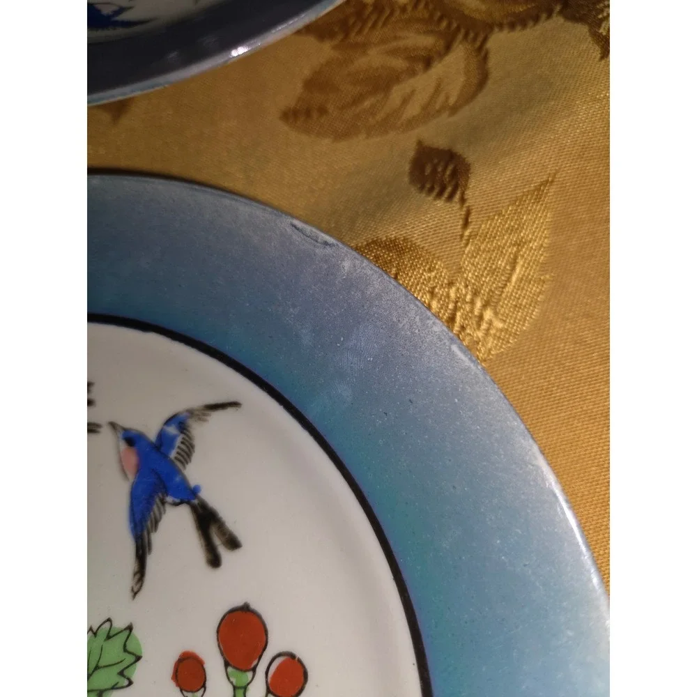 Vintage Japanese Lusterware Bluebird Flower Plates Set of 7 Made in Japan Blue